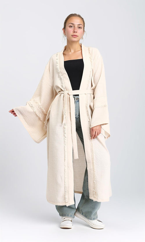 R207251 - Wide Long Sleeves Textured Cardigan - Beige