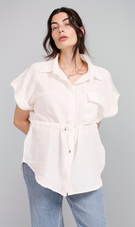 R207252 - Linen Look Belted Short-Sleeve Shirt - White