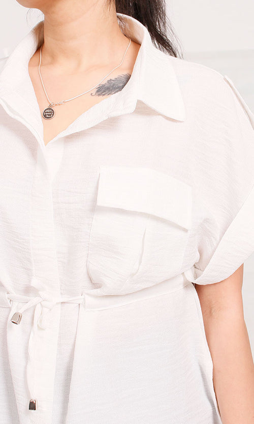 R207252 - Linen Look Belted Short-Sleeve Shirt - White