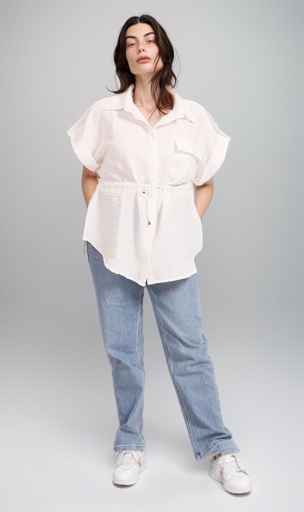 R207252 - Linen Look Belted Short-Sleeve Shirt - White