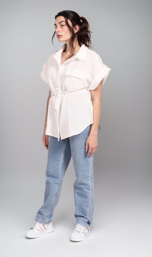 R207252 - Linen Look Belted Short-Sleeve Shirt - White