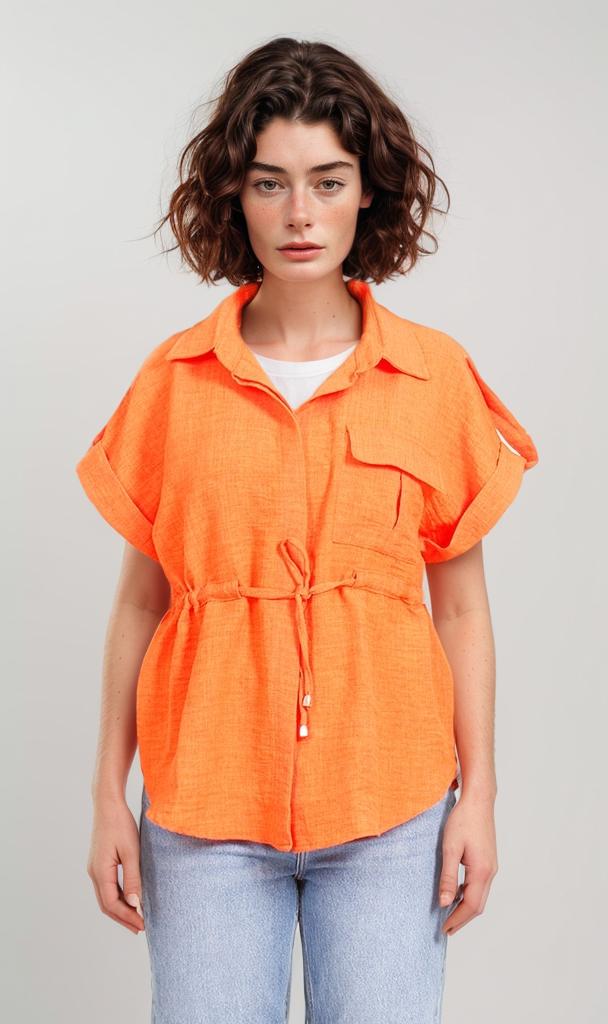 Belted Button-Up Shirt - Orange