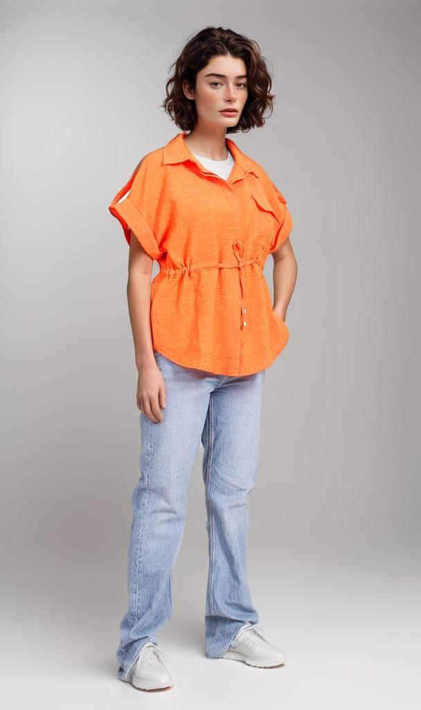 R207253-R207253 - Belted Button-Up Shirt - Orange