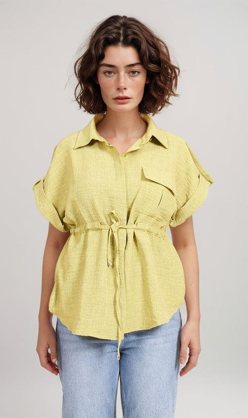 Belted Shirt Blouse - Light Yellow