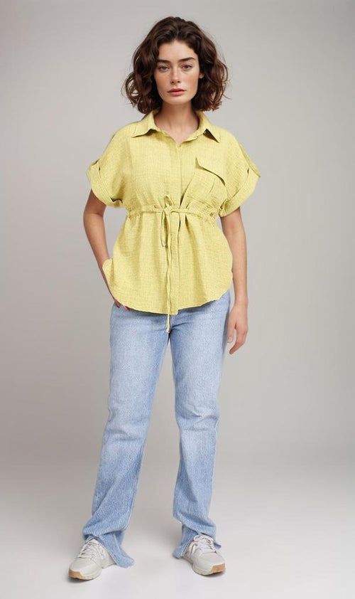 R207254-R207254 - Belted Shirt Blouse - Light Yellow