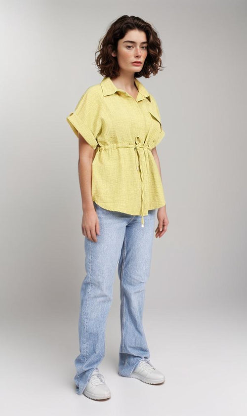 R207254-R207254 - Belted Shirt Blouse - Light Yellow