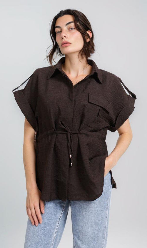 Linen Look Belted Short-Sleeve Shirt - Black