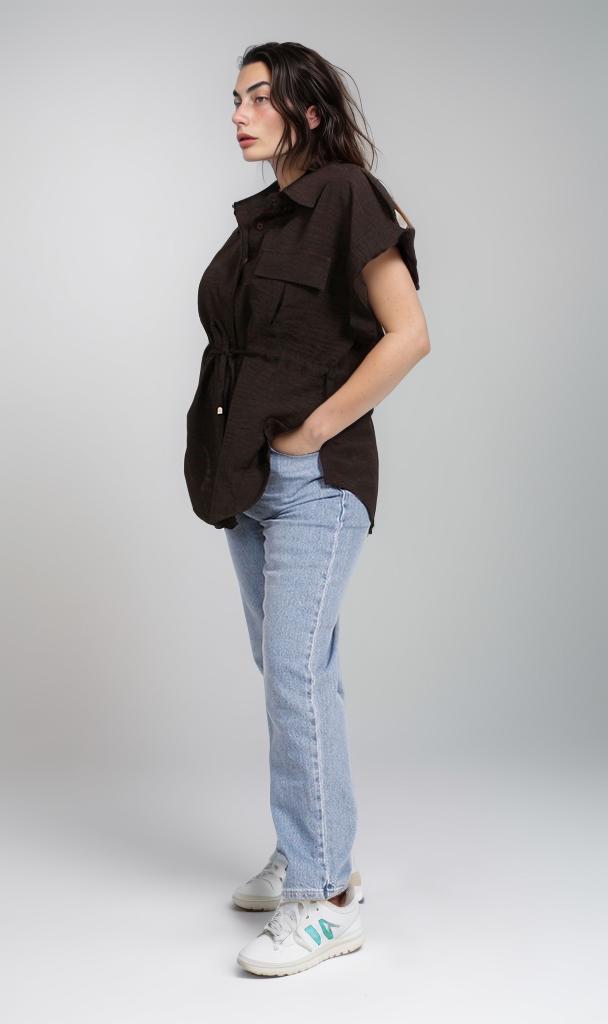 R207255 - Linen Look Belted Short-Sleeve Shirt - Black