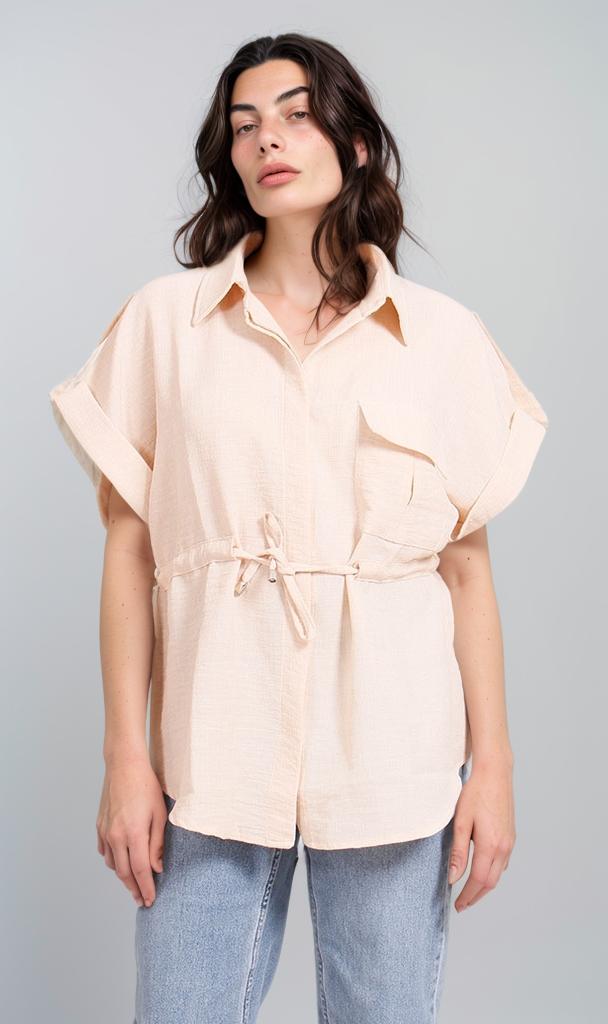 Linen Look Belted Short-Sleeve Shirt - Beige