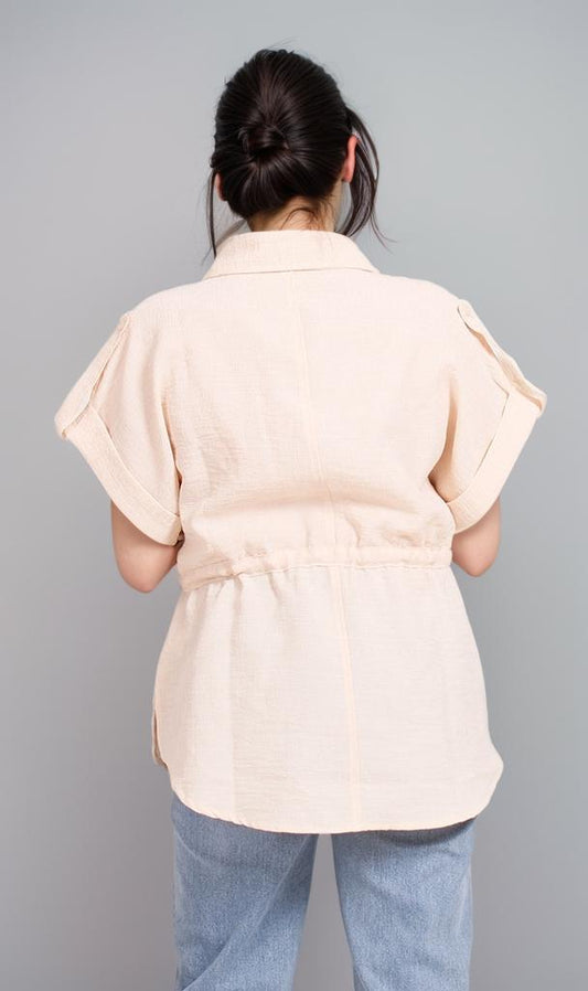 R207256 - Linen Look Belted Short-Sleeve Shirt - Beige