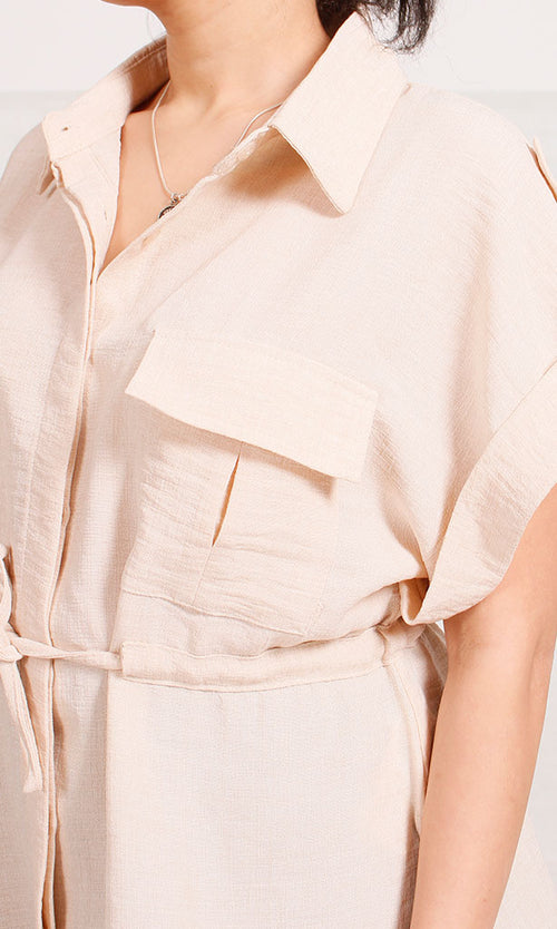 R207256 - Linen Look Belted Short-Sleeve Shirt - Beige