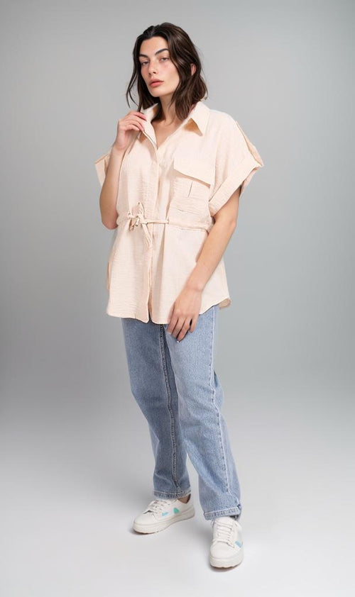 R207256 - Linen Look Belted Short-Sleeve Shirt - Beige
