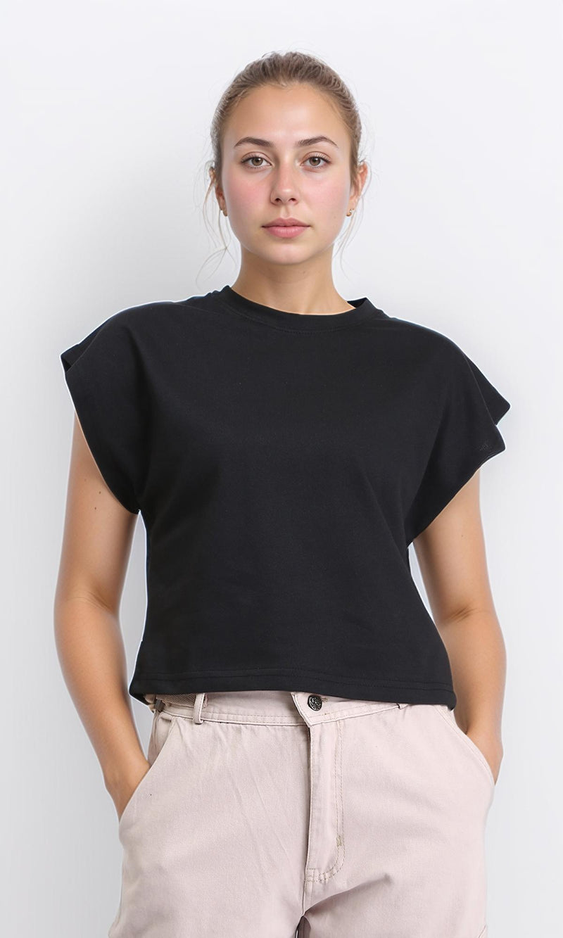 R207258 - Solid Cap Sleeves Cotton Tee - Black