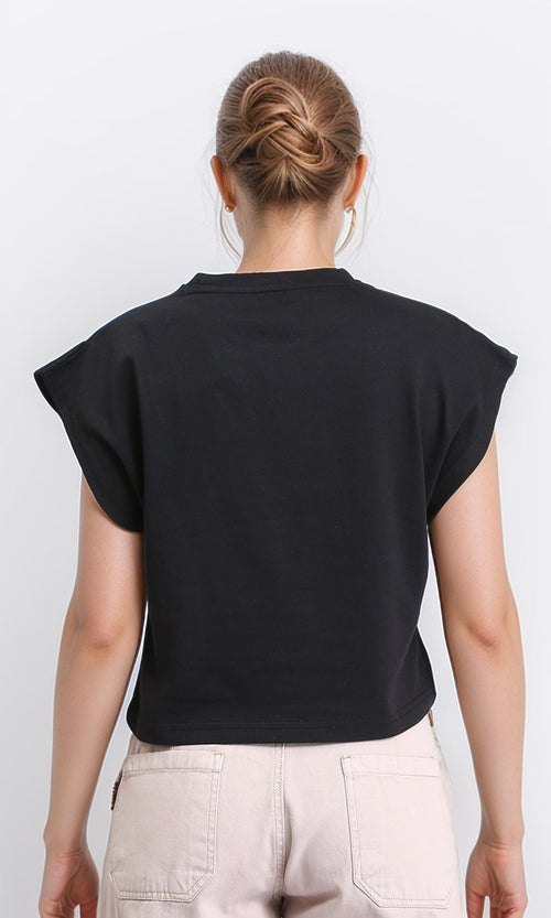 R207258 - Solid Cap Sleeves Cotton Tee - Black