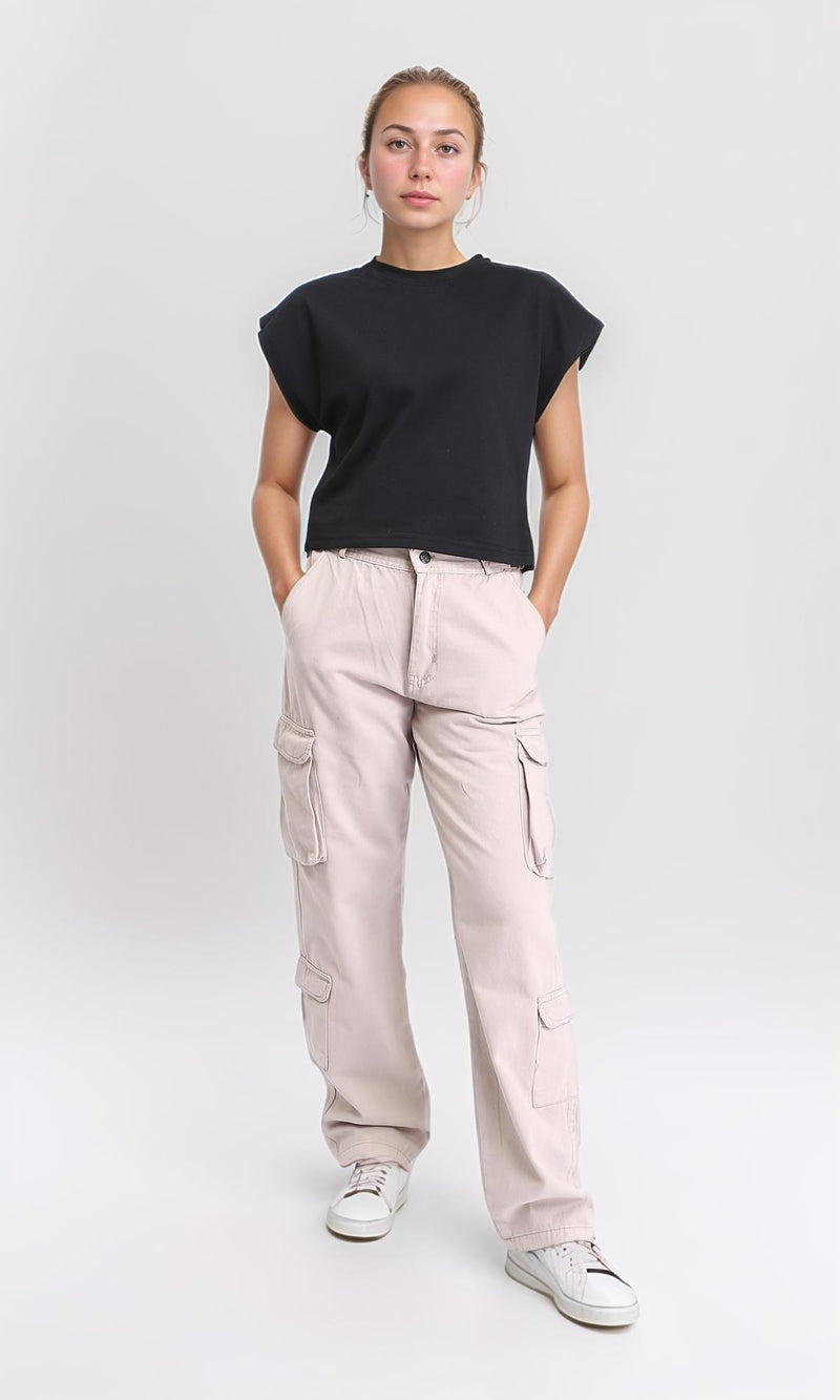 R207258 - Solid Cap Sleeves Cotton Tee - Black