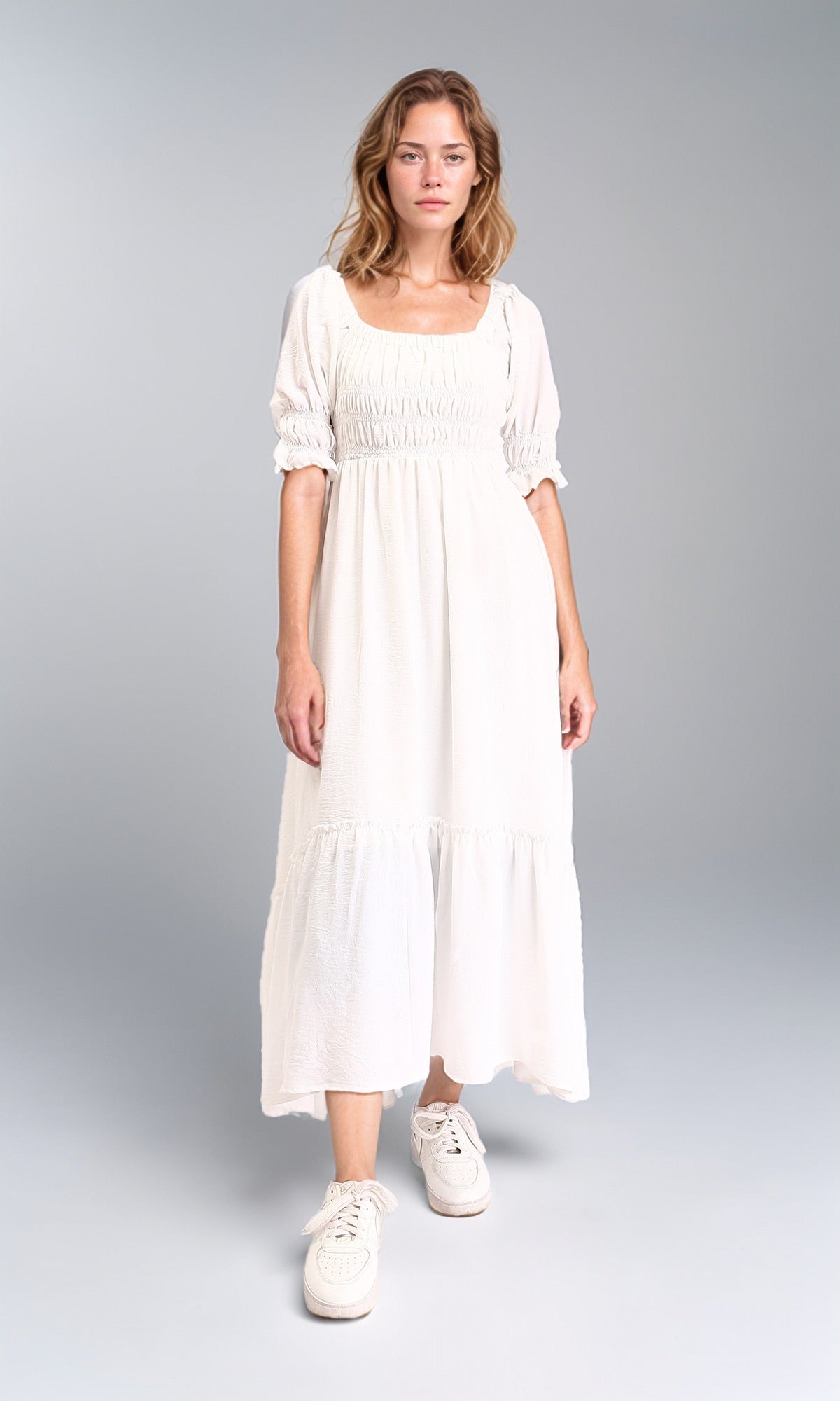 R207277 - Square Neck Elbow Sleeves Midi Dress - Off-White