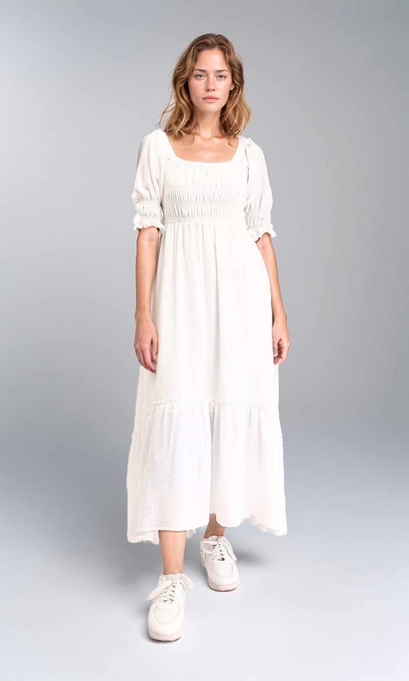 R207277 - Square Neck Elbow Sleeves Midi Dress - Off-White
