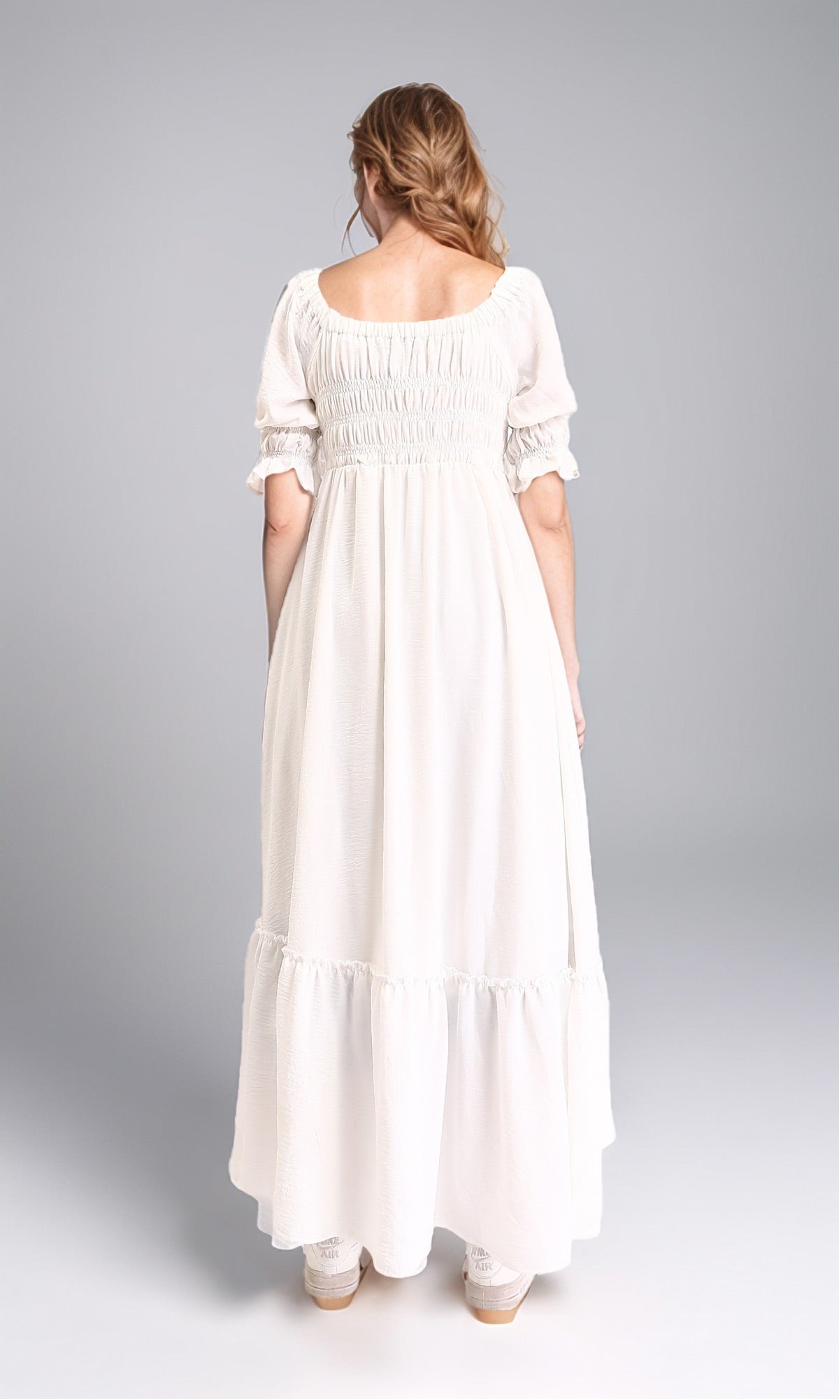 R207277 - Square Neck Elbow Sleeves Midi Dress - Off-White