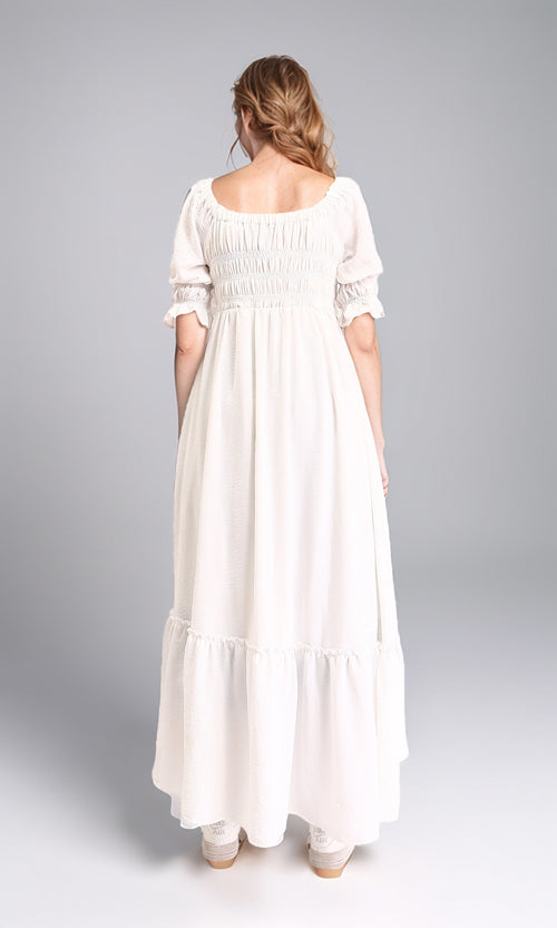 R207277 - Square Neck Elbow Sleeves Midi Dress - Off-White