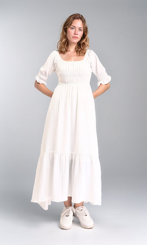R207277 - Square Neck Elbow Sleeves Midi Dress - Off-White
