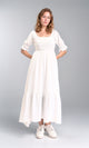 R207277 - Square Neck Elbow Sleeves Midi Dress - Off-White
