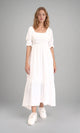 R207277 - Square Neck Elbow Sleeves Midi Dress - Off-White