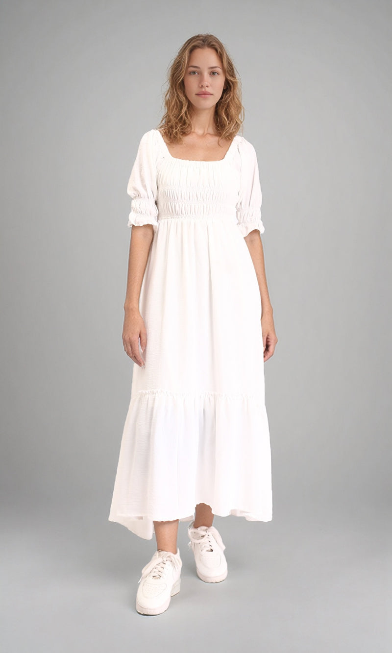 R207277 - Square Neck Elbow Sleeves Midi Dress - Off-White