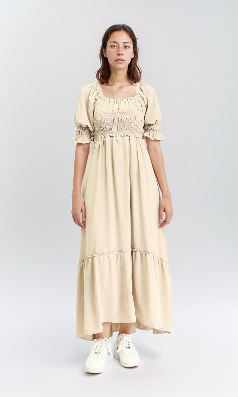 R207278 - Square Neck Slip On Summer Dress - Beige