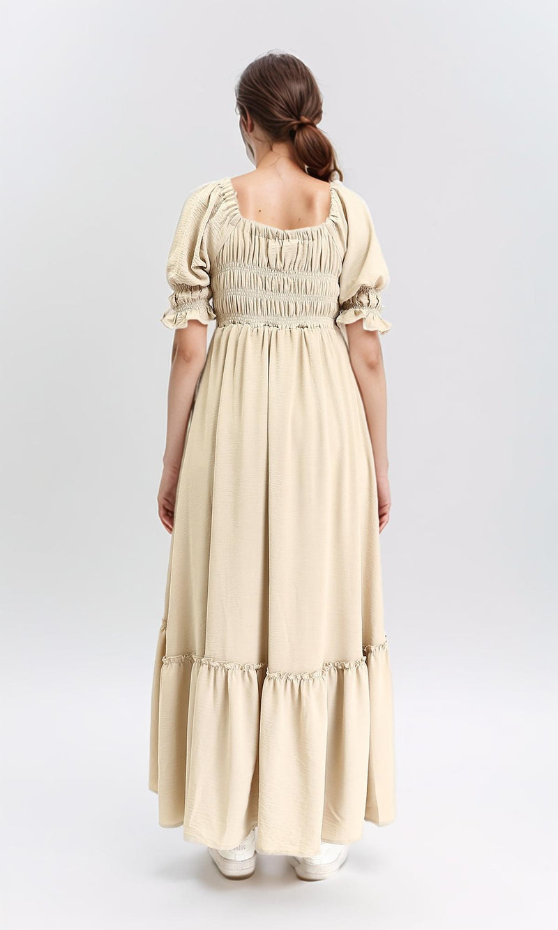 R207278 - Square Neck Slip On Summer Dress - Beige