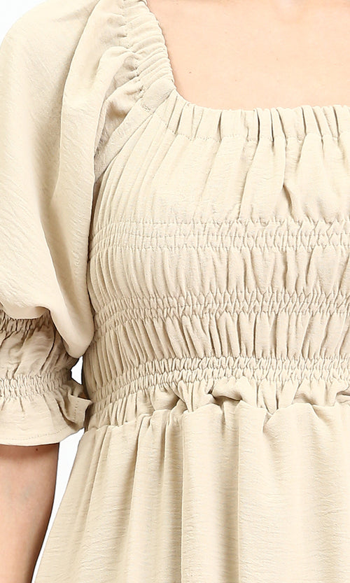 R207278 - Square Neck Slip On Summer Dress - Beige