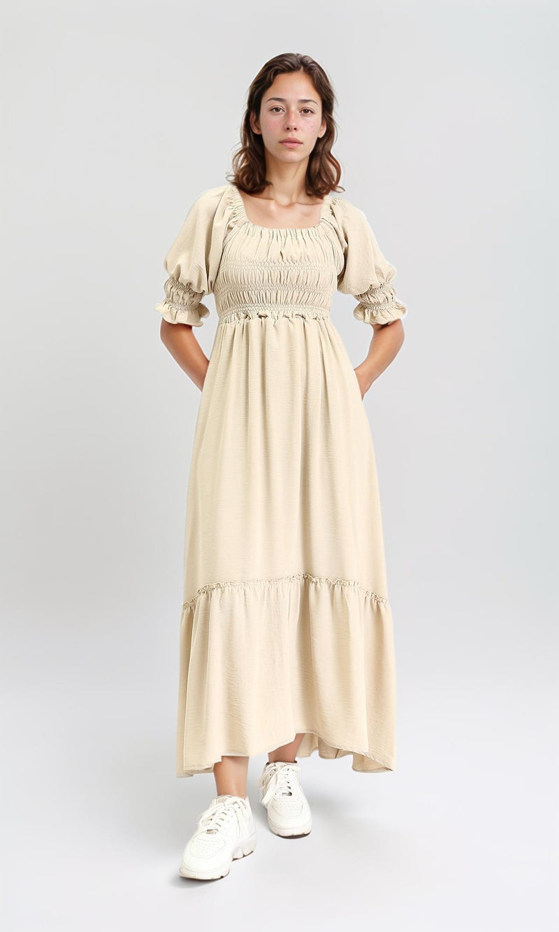 R207278 - Square Neck Slip On Summer Dress - Beige