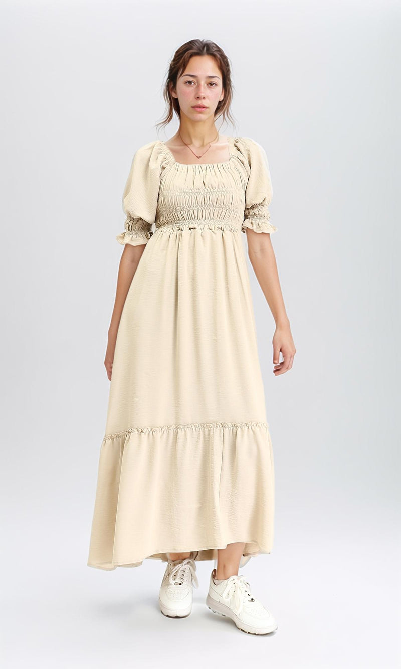 R207278 - Square Neck Slip On Summer Dress - Beige