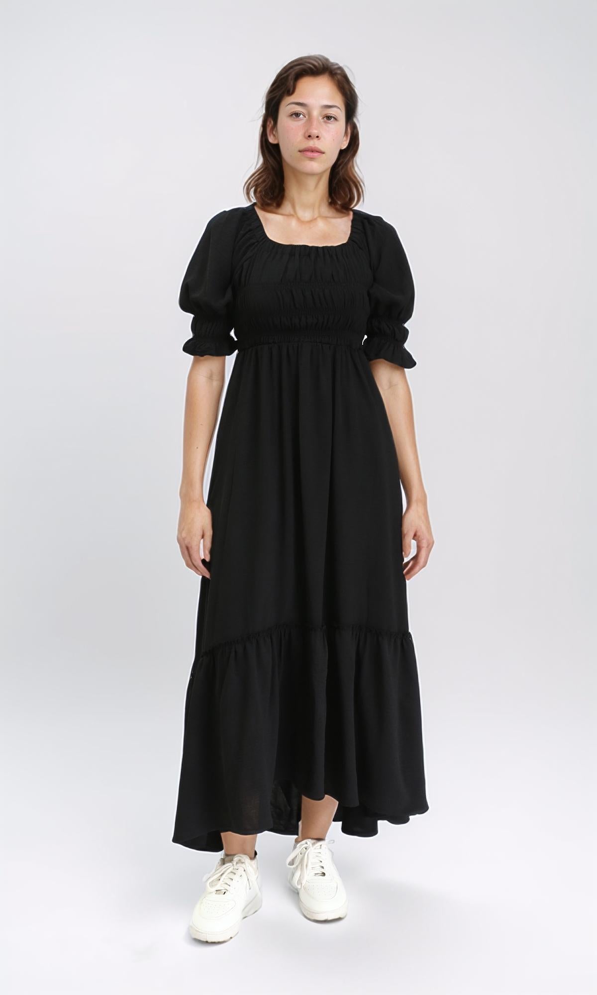Square Neck Slip On Summer Dress - Black