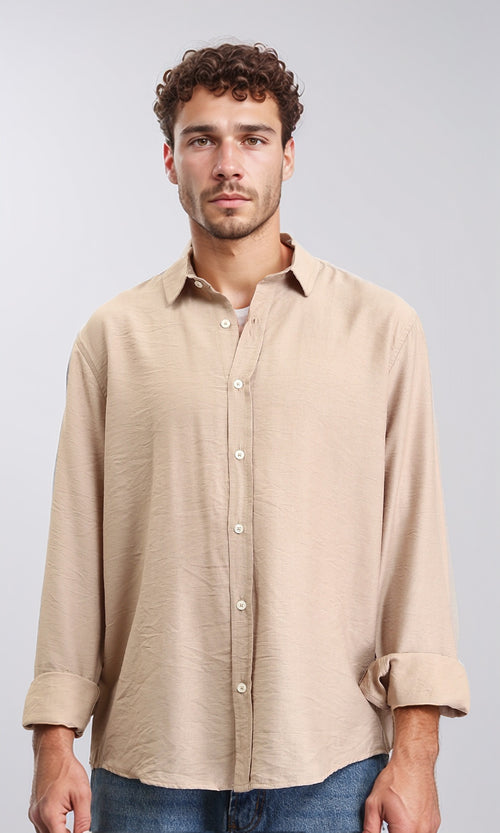 R207295 - Textured Long Sleeves Summer Shirt - Dark Beige