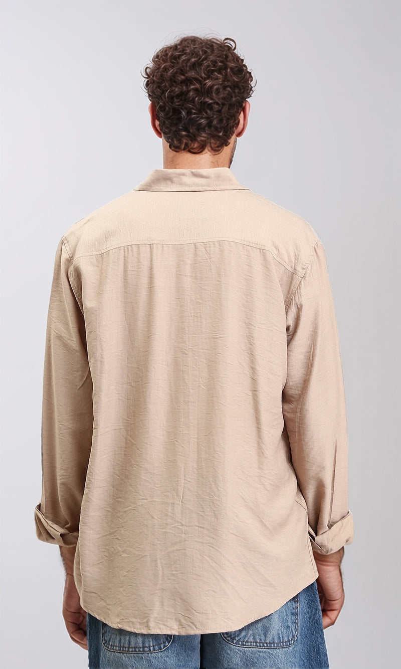 R207295 - Textured Long Sleeves Summer Shirt - Dark Beige