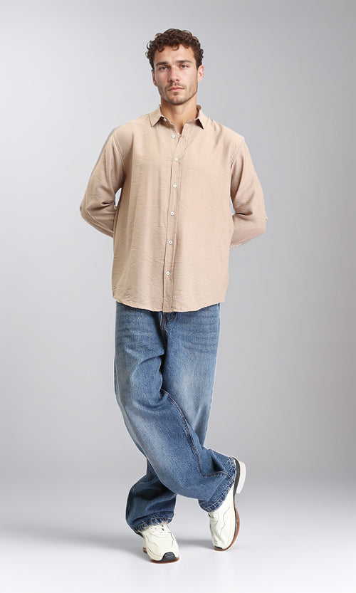 R207295 - Textured Long Sleeves Summer Shirt - Dark Beige