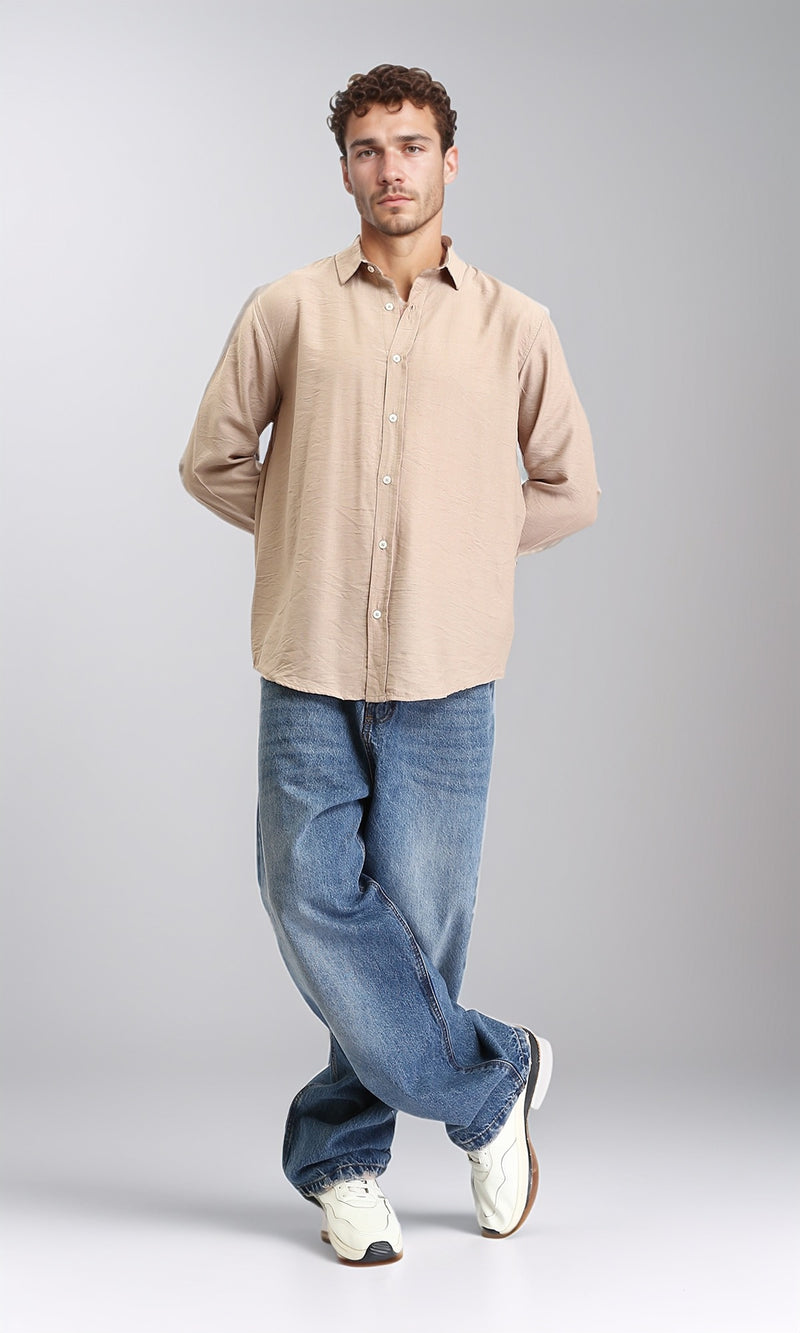 R207295 - Textured Long Sleeves Summer Shirt - Dark Beige