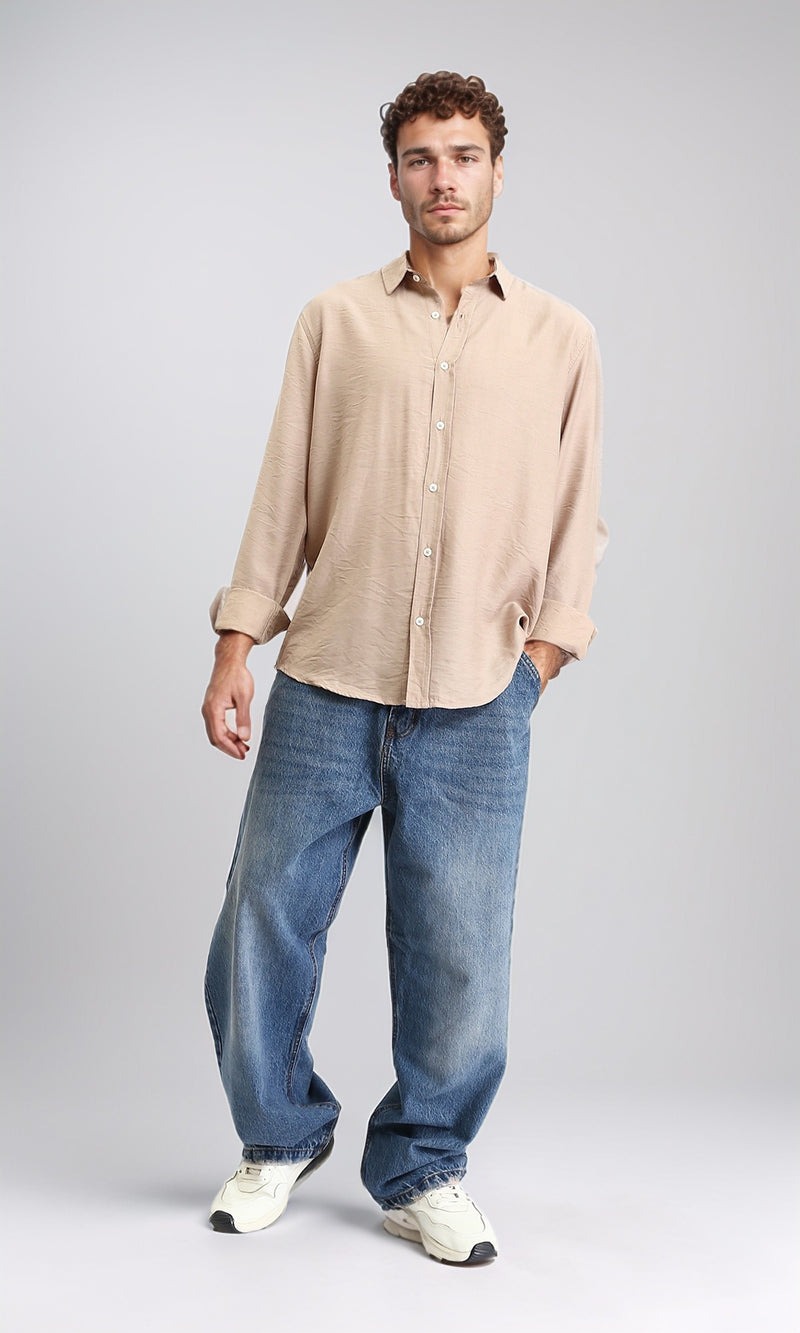 R207295 - Textured Long Sleeves Summer Shirt - Dark Beige