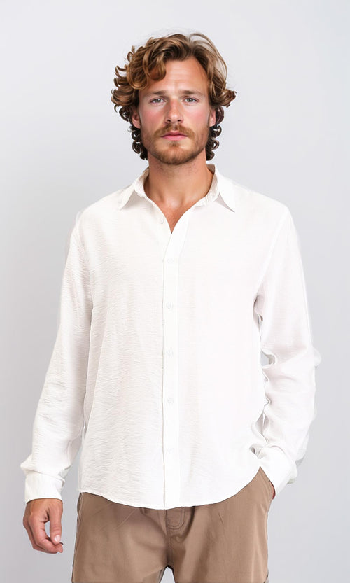 R207298 - Long Sleeves Buttoned Textured Shirt - Off-White