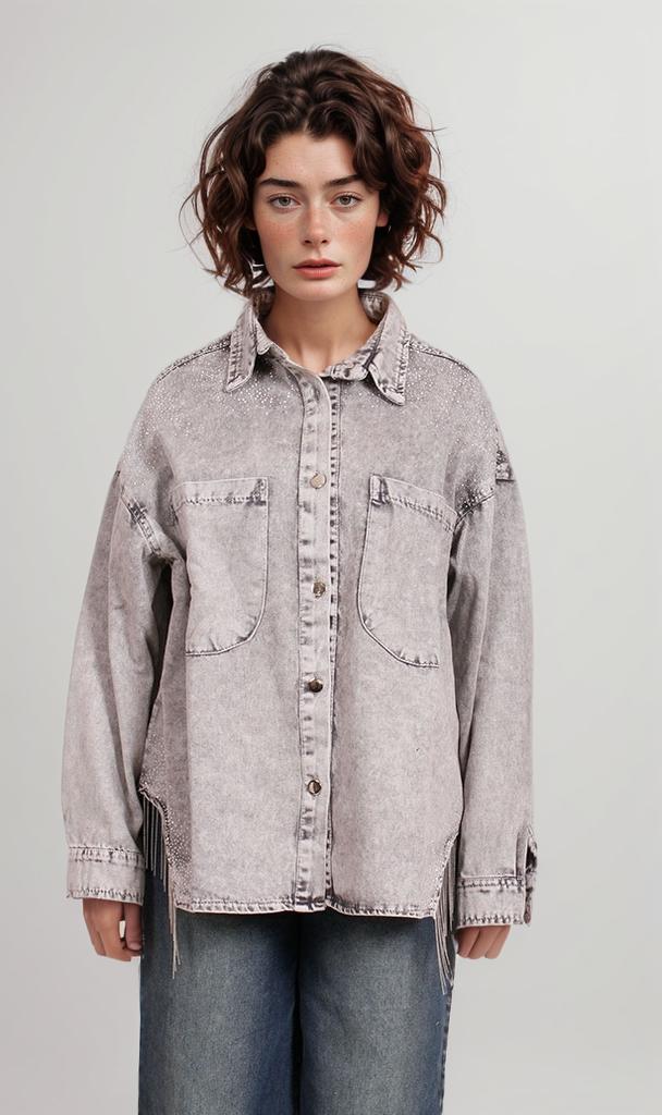 R207326 - Casual Buttoned Washed Denim Jacket - Grey
