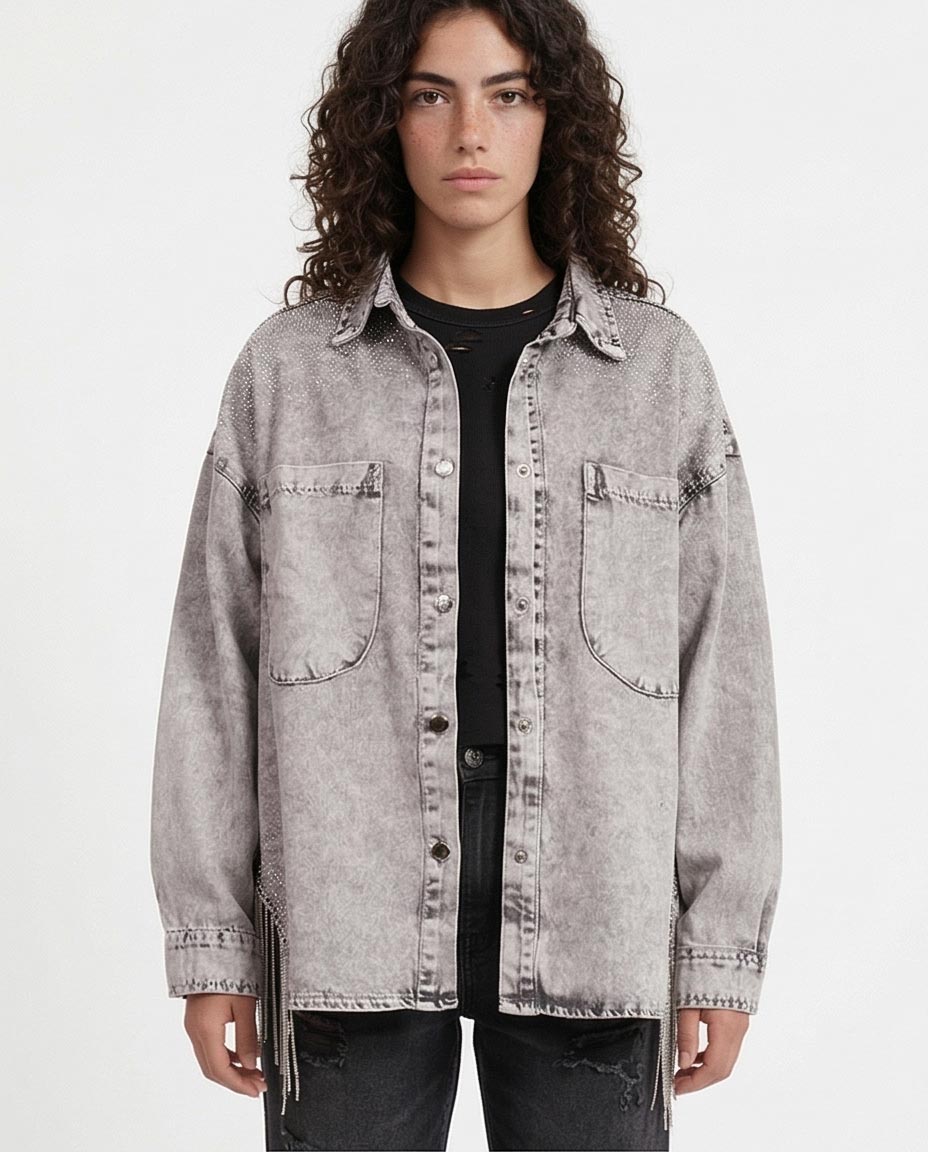 Women's Acid-Wash Embellished Denim Shirt with Rhinestone Fringe - Grey