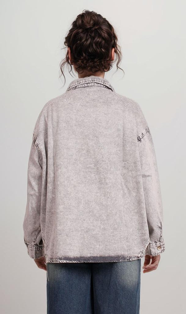 R207326 - Casual Buttoned Washed Denim Jacket - Grey