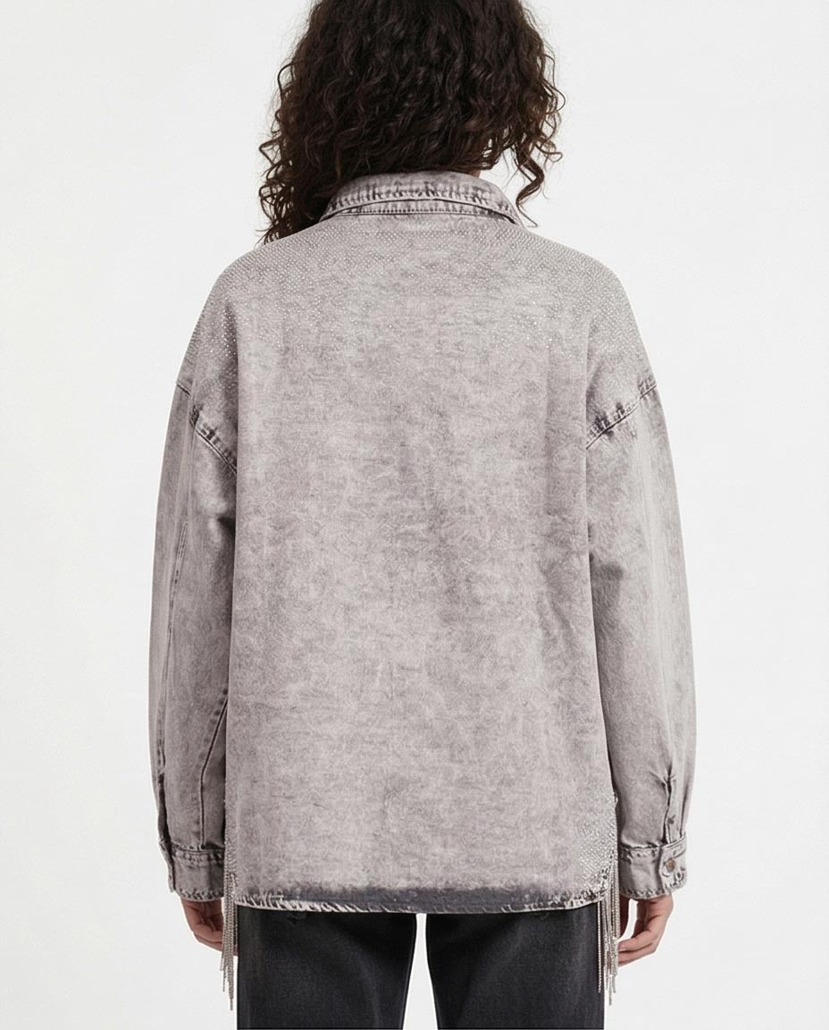 Ravin Women’s Acid-Wash Embellished Denim Shirt with Rhinestone Fringe - Grey - R207326