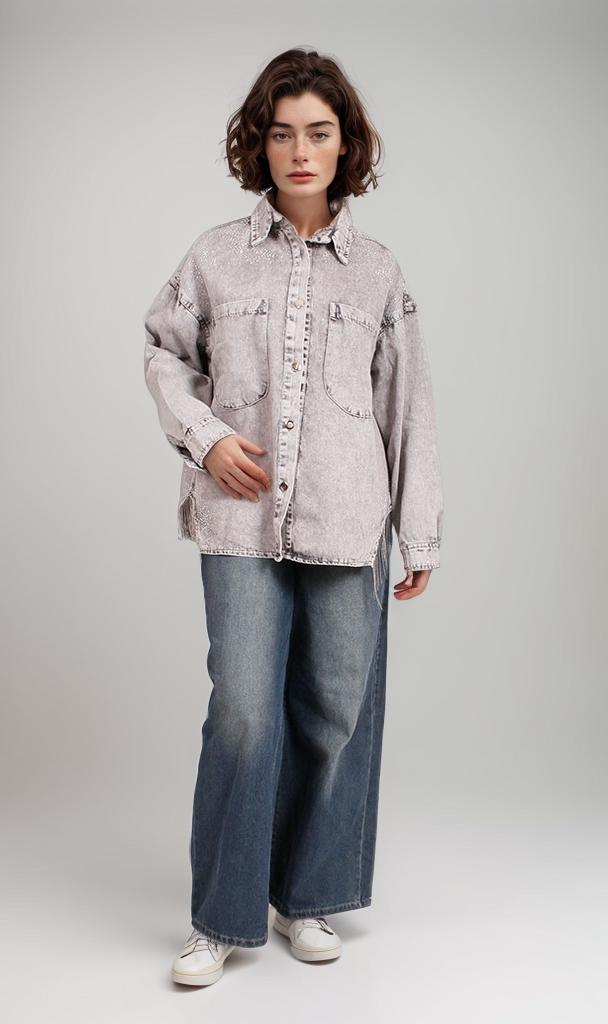 R207326 - Casual Buttoned Washed Denim Jacket - Grey