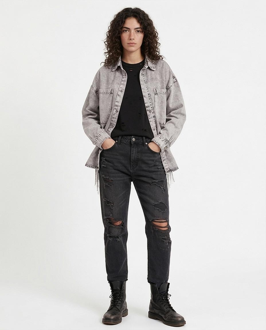 Ravin Women’s Acid-Wash Embellished Denim Shirt with Rhinestone Fringe - Grey - R207326