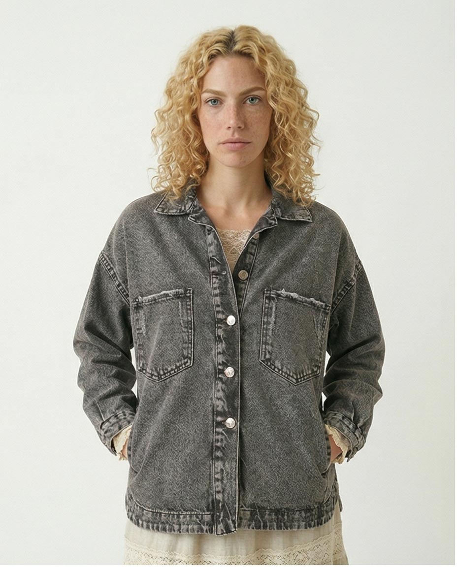 Woman wearing a gray denim jacket on a white background