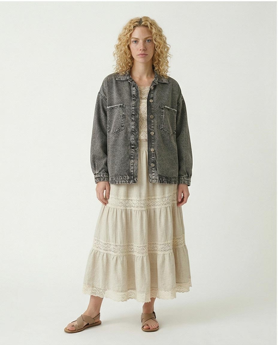 Acid Wash Oversized Distressed Denim Jacket - R207327