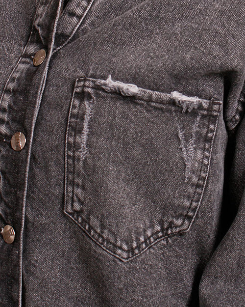 جاكيت قميص جينز أڤرسايز مغسول بحمض الراڤين (جاكيت قميص سميك) - R207327