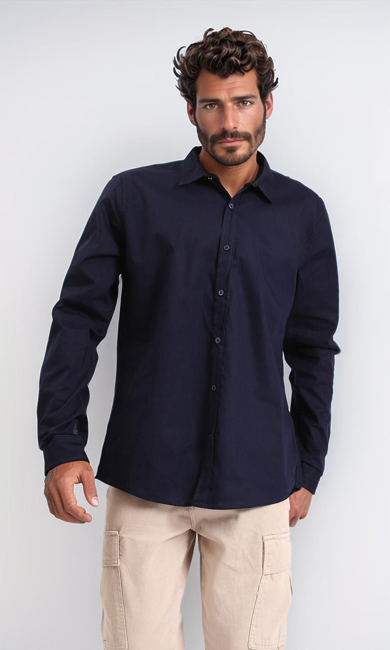 R207472 - Turn Down Collar Long Sleeve Shirt - Navy Blue