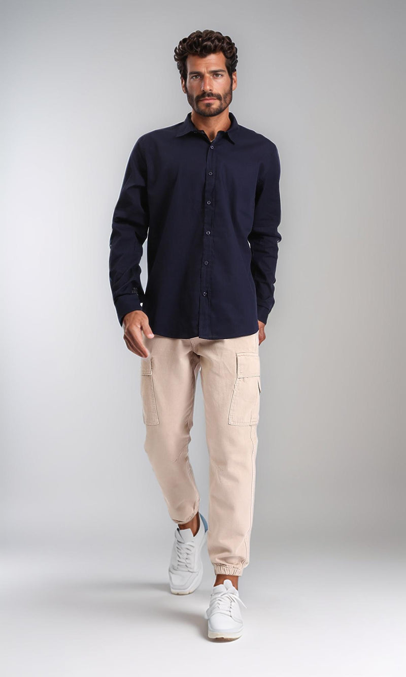 R207472 - Turn Down Collar Long Sleeve Shirt - Navy Blue